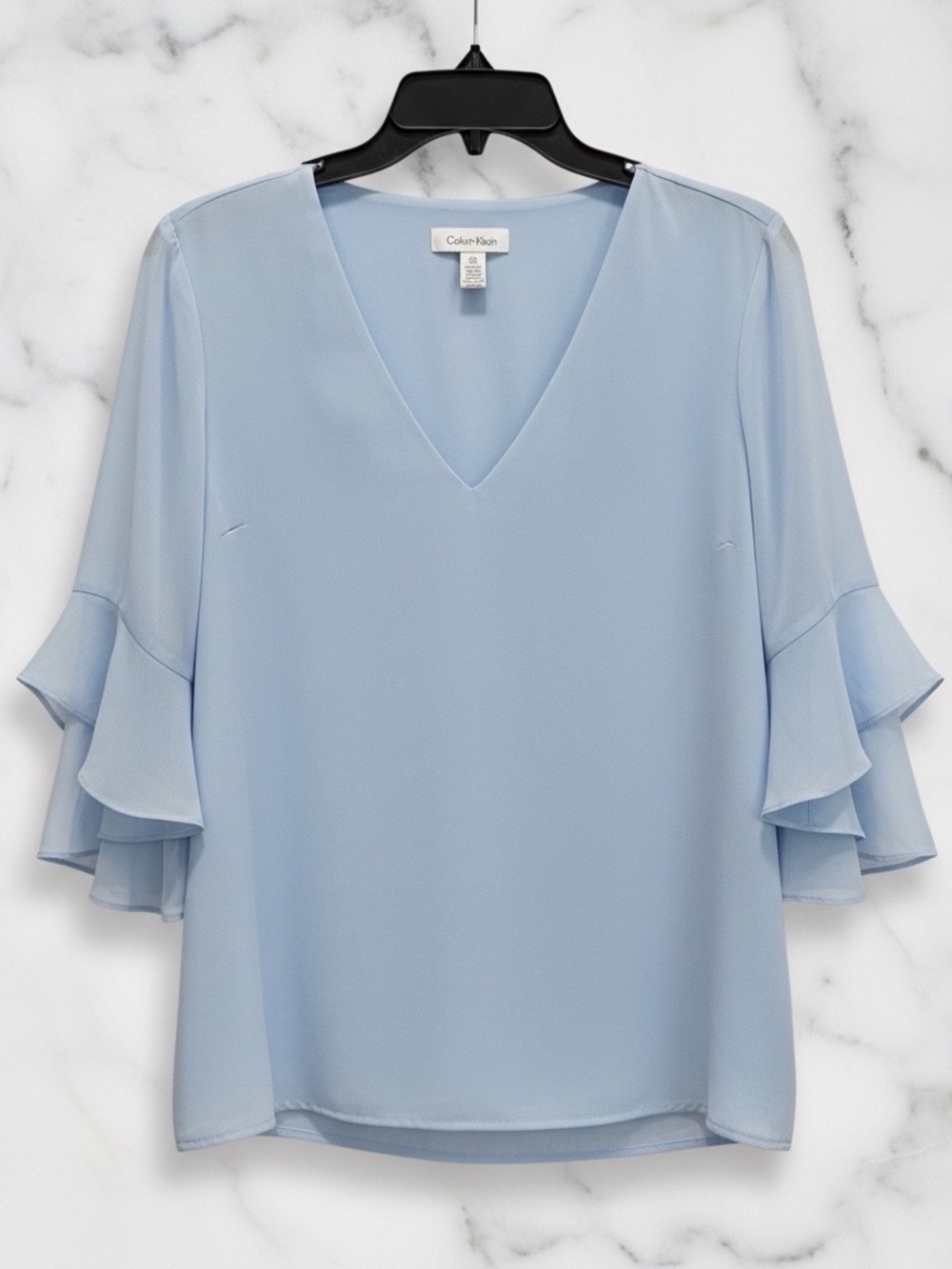 Calvin Klein Women's Soft Blue Ruffle Sleeve Blouse